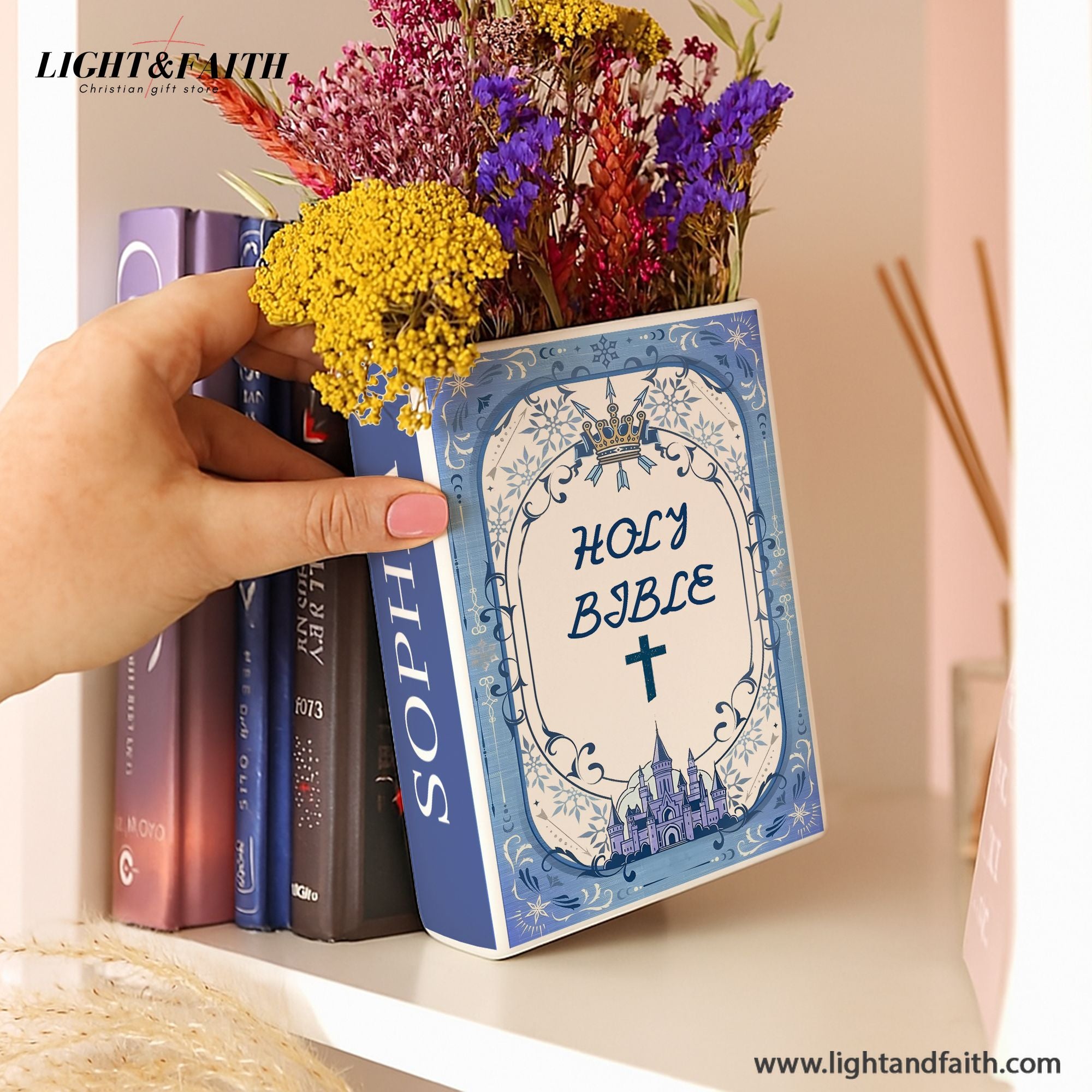 Personalized Holy Bible Book Vase, Blue Ceramic Book with Cross & Scripture, Personalized Christian Gift, Chistmas Gift CBLAF17